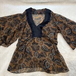 VTG Bandolino Womens Y2K Sz 14 Peasant Top Brown Blue Paisley Floral V NeckSheer